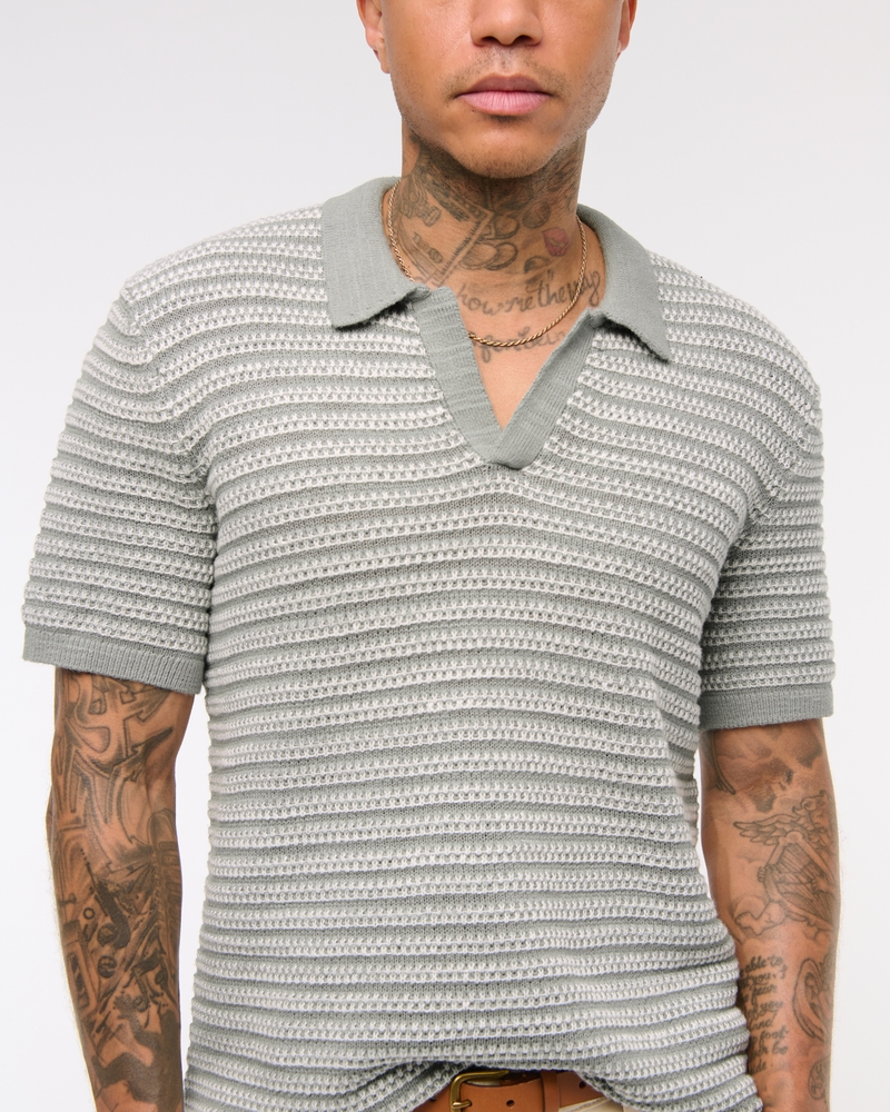 Textural Striped Johnny Collar Sweater Polo