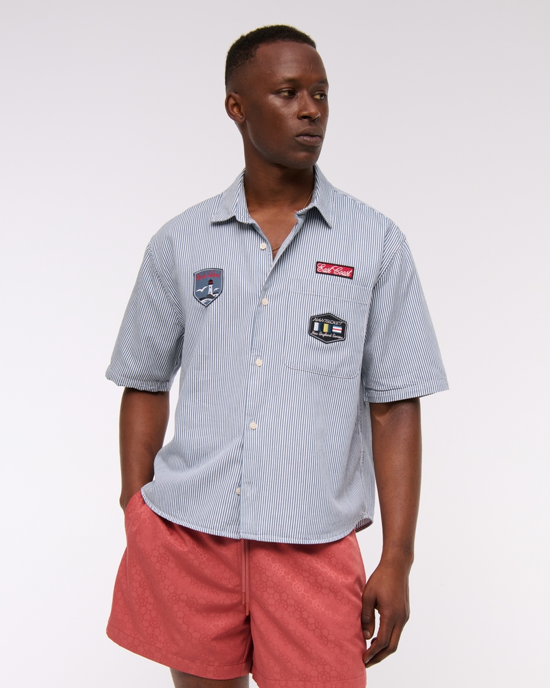 Short Sleeve Cropped Graphic Workwear Button-Up Shirt