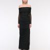 Long-Sleeve Mesh Asymmetrical Draped Maxi Dress