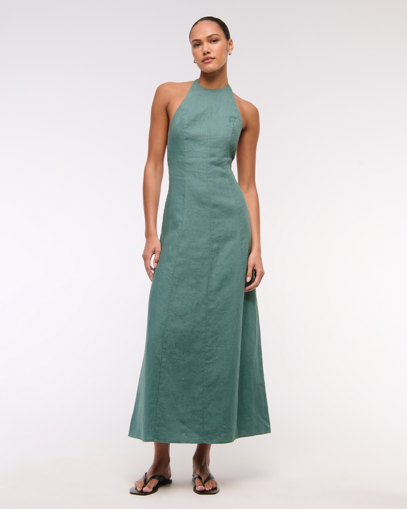 Premium Linen High-Neck Maxi Dress