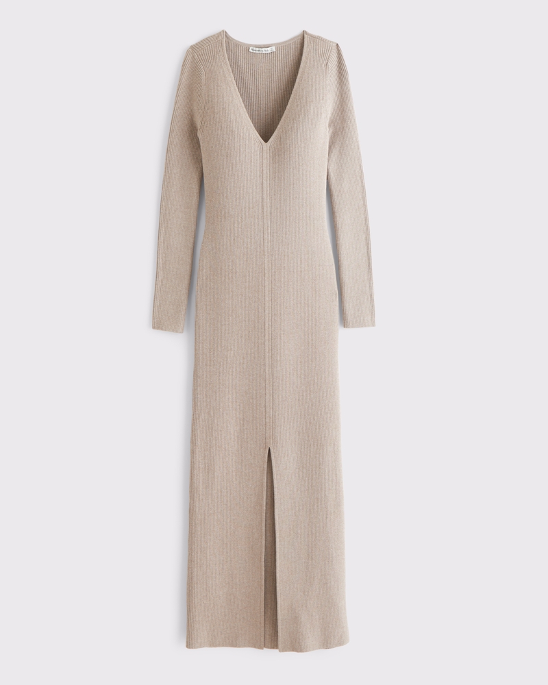 Long-Sleeve V-Neck Maxi Sweater Dress